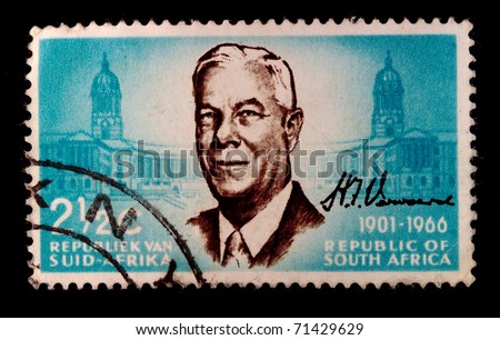 SOUTH AFRICA - CIRCA 1966: a stamp printed in South Africa shows President Verwoerd and Union buildings Pretoria, circa 1966
