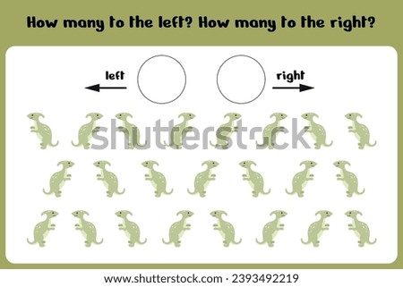 Count how many dinos go to the right and left Logical game for children Left-right. Training sheet.  Vector illustration