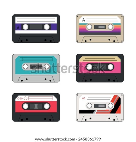 Similar – Image, Stock Photo Compact cassette tapes and cassette recorder. Retro music style. 80s music party. Vintage style. Analog equipment. Stereo sound. Back to the past