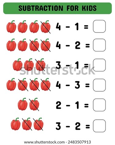 Subtraction game with bell pepper. Educational math game for preschoolers kindergarten. Matching game.Worksheet. Vector illustration.	