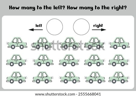 Count how many cars turned to the right and to the left. A counting game. Educational children's sheet for printing. Vector