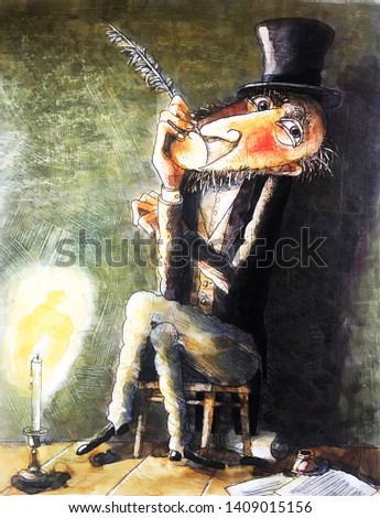 poet and writer sitting in thought, waiting for muse, inspiration, watercolor, illustration