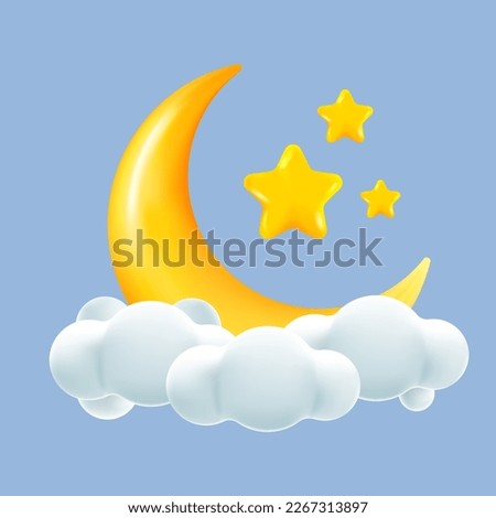 3d cute yellow gold crescent moon stars with clouds. Dream, lullaby, dreams background design for banner, booklet, poster.