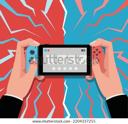 close up hands hold Nintendo Switch Controller playing game with red and blue background vector illustration