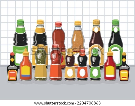 Condiment bottle and sauce bottle set on Seamless graph line with white background vector illustration