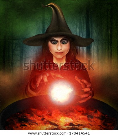 Illustration of a witch who casts a spell on a dark night