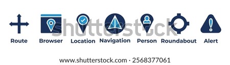 Navigating the Path Icons set vector illustration with route browser location navigation person roundabout alert