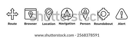 Navigating the Path Icons set vector illustration outline with route browser location navigation person roundabout alert