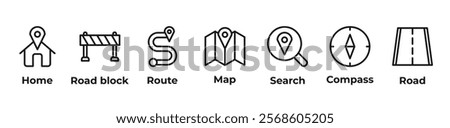 Finding the WayIcons set vector illustration outline with home, road block, route, map, search, compass, road