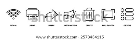 Managing Connections  icons set vector illustration with  signal, print, share, information, delete, full screen, option