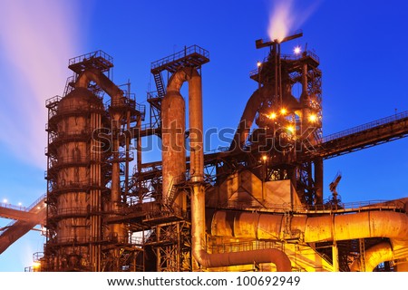 Night view of blast furnace equipment of the metallurgical plant
