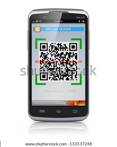 Modern black glossy metal touchscreen smartphone with QR code scanner and reader application isolated on white background with reflection effect