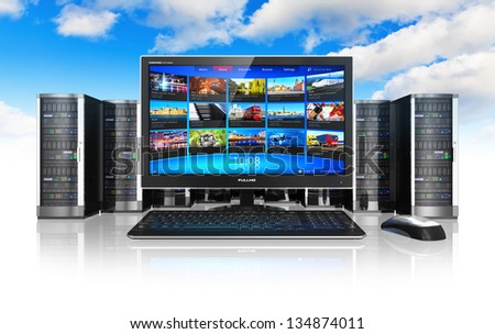 Cloud computing and telecommunication concept: desktop computer PC and row of network servers isolated on white background with reflection effect against blue sky with clouds