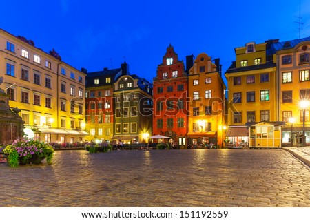 Scenic summer night view of the Big Square (Stortorget) in the Old Town (Gamla Stan) in Stockholm, Sweden