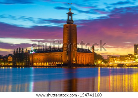 Scenic evening summer view of the City Hall Palace in the Old Town of Stockholm, Sweden