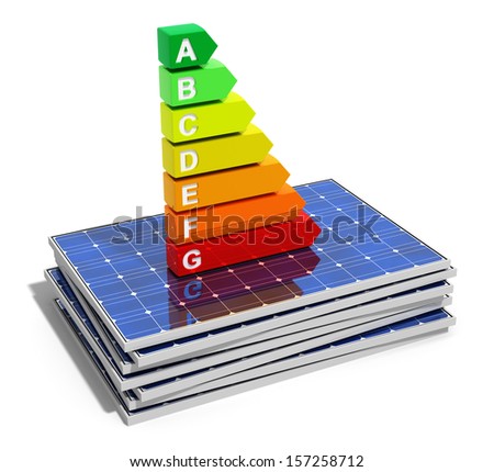 Creative abstract energy efficiency, power saving, environmental ecology conservation and solar energy business industry concept: energy efficiency scale on stack of solar panels isolated on white