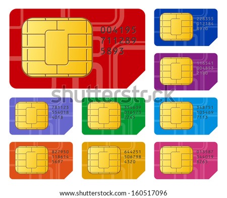 Mobile telecommunication, wireless technology and mobility business concept: detailed vector illustration of group of color SIM cards for mobile phone or smartphone isolated on white background