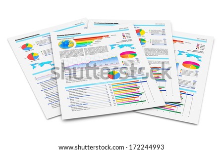 Business paperwork and office work corporate concept: stack of paper documents with financial reports with color bar graphs, pie charts and statistic information data isolated on white background