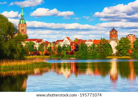 Scenic summer panorama of the Old Town pier architecture of Stralsund, Mecklenburg region, Germany