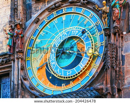 Scenic view of astronomical clock at the City Hall Tower at the Market Square in the Old Town in Prague, Czech Republic