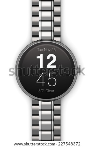 Creative abstract business mobility and modern mobile wearable device technology concept: black stainless steel luxury digital smart watch or clock with titanium bracelet isolated on white background
