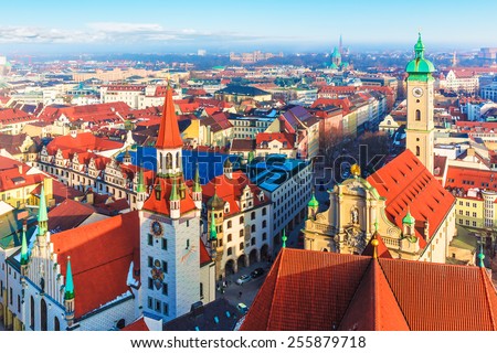 Scenic aerial panorama of the Old Town architecture of Munich, Bavaria, Germany