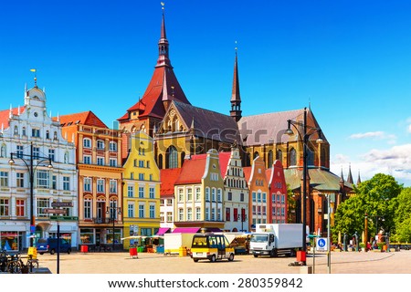 Scenic summer view of the Markplatz Old Town Market Square architecture in Rostock, Mecklenburg region, Germany