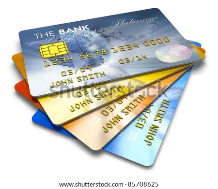 Set of color credit cards isolated on white background