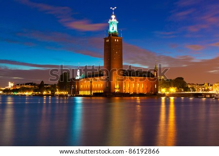 Scenic night view of the City Hall in the Old Town (Gamla Stan) in Stockholm, Sweden