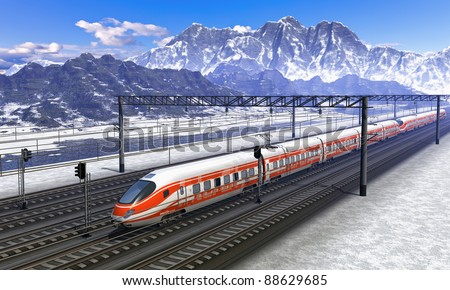 Computer generated red modern high speed train passing snowy mountain railroad station