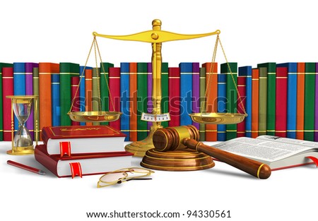 Legal or bidding concept: balance, wooden mallet, hourglasses, books and other objects isolated on white background