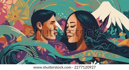 A beautiful girl and man on background waves in tropical colors and asian patterns, banner for Asian American and Pacific Islander Heritage Month (may) or South Asian Heritage Month (july - August)

