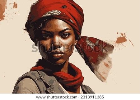 Portrait of a beautiful African woman worker in a headscarf, banner for black history month, woman's day, juneteenth, Day for People of African Descent, black lives matter or labor day