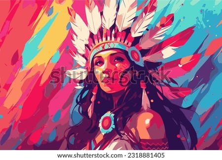 Beautiful traditional Native American female illustration, National Native American Heritage Month november, reminder of historical and cultural event