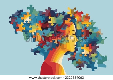 woman with a puzzle brain. Concept for neurodiversity, Disability Pride Month, world brain day, mental health and brain neurological health, autism spectrum disorder
