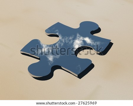 3d render of a puzzle piece shaped mirror in the desert