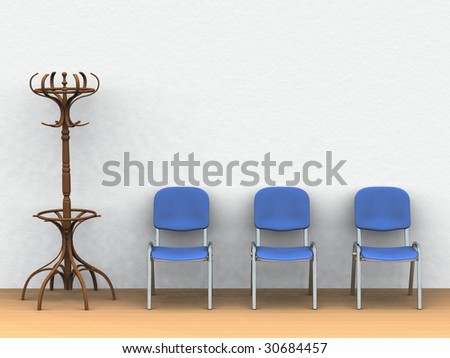 digital render of a waiting room with a clothes stand and three blue chairs