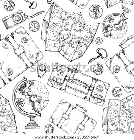 Ink hand drawn vector sketch. Seamless pattern. Suitcases luggage with stickers icons pins, old photo camera, globe and map. Design for tourism, travel, brochure, wedding, guide, print, card, tattoo