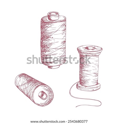 Red thread bobbins spools skeins yarn. Hand drawn ink vector illustration sewing craft embroidery stitching supplies. Set of objects isolated on white background. Design atelier, tailor, hobby shop