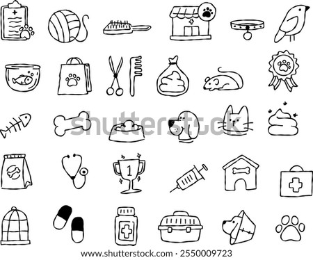 Simple set of stroke line icons in doodle style related to pet services. icons for veterinary, pet store