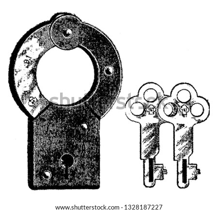 It is a lock usually made up of solid iron. It was manufactured in 1881 having a metallic frame. The key is manufactured by Stamford mfg. co, vintage engraved line art illustration. Bicycle Accessory