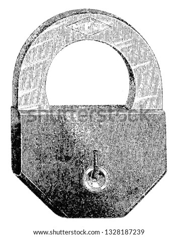 It is a lock usually made up of solid iron. It was manufactured by S B CO having a metallic frame, vintage engraved line art illustration. Bicycle Accessories - 1900