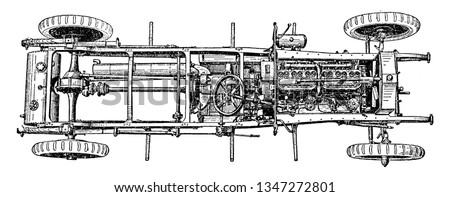 This image represents Top View of Six Cylinder 1910 Rolls Royce Chassis with Engine and Axle, vintage line drawing or engraving illustration.