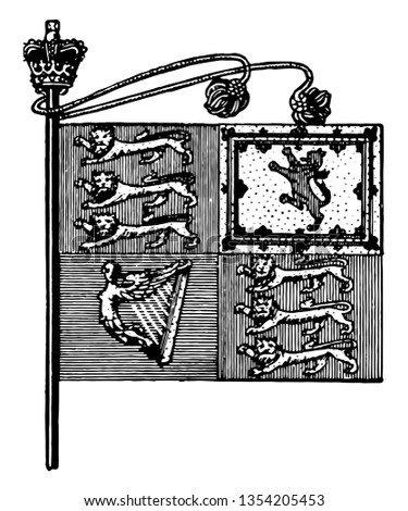 The Royal Standard is a flag of Great Britain, it is divided into four quadrants, lower left has the harp, left top has 3 lions, right top has lion verticle lion figure, lower right has 3 lions