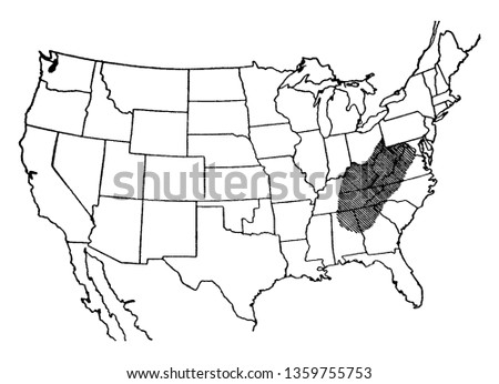 This picture shows a map of Alleghany region in which the shaded area shows apple growing areas, vintage line drawing or engraving illustration.