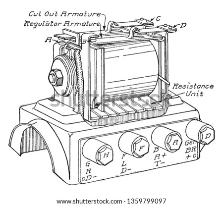 Regulator is heinze Springfield current regulator and battery cut out, vintage line drawing or engraving illustration.
