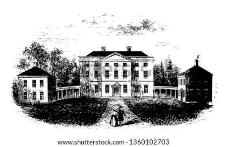Tryon Palace also known as Governor's Palace, New bern was the administrative headquarter and official residence of British Governors of North Carolina from 1770-1775 vintage line drawing.