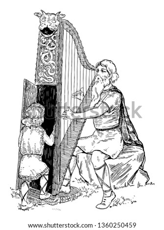 Aslog and Heimir daughter of Siegfried and Brunhild, vintage line drawing or engraving illustration.