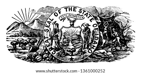 The Idaho seal contain a woman and a miner which represnting equility, liberty and justice vintage line drawing.