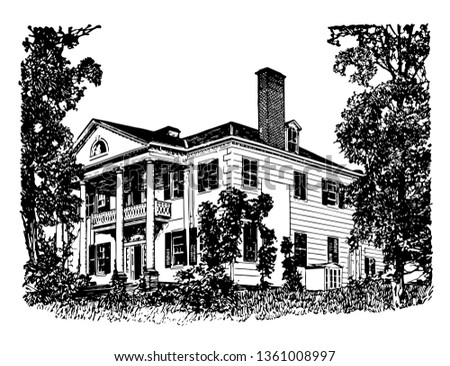 Jumel Mansion also known as Roger and Mary Philipse Morris house,New york,Headquarters for both sides the American revolutions vintage line drawing.